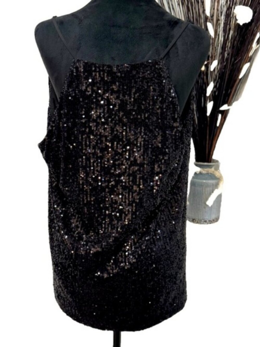 Gianni Bini Black Sequin Draped Back Tank Top Large Holiday Party - Picture 3 of 10